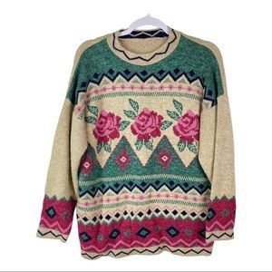 VTG Grandma Sweater Floral Rose Fair Isle Cashmere Pink Green Beige